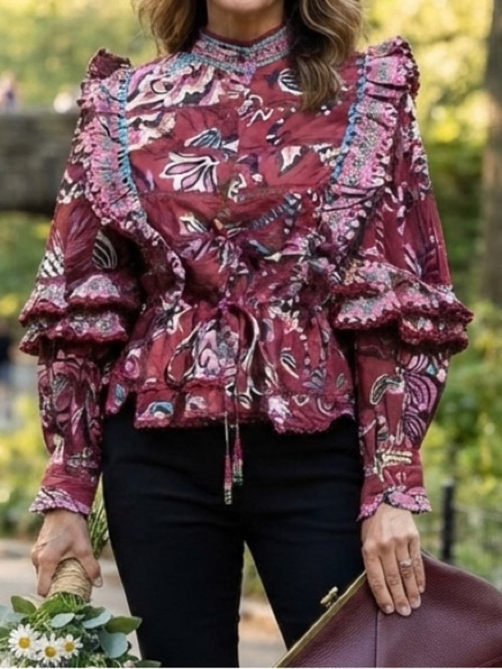 Farm Rio Floral Crochet Trim Cotton Blouse Cottagecore Romantic Boho Dollcore M